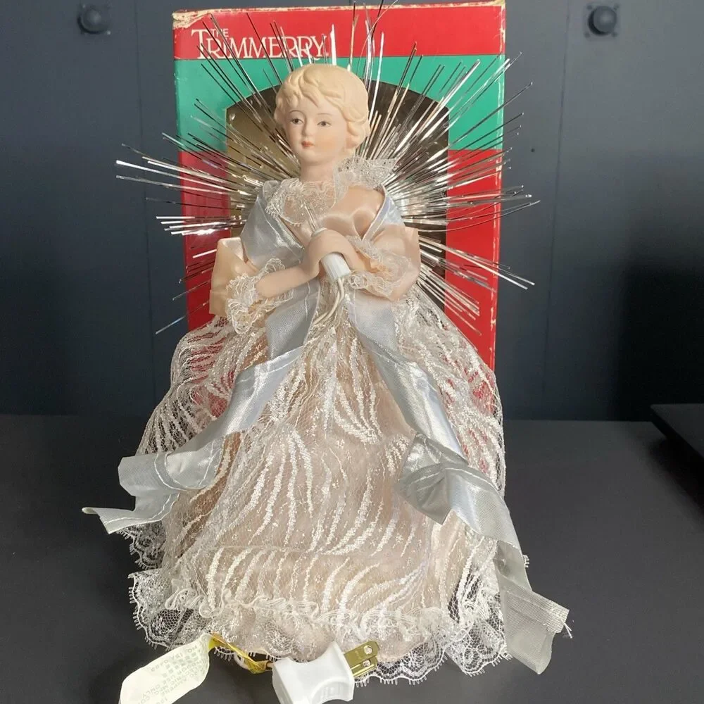 Vintage Lighted Angel Tree Topper Pink Dress Silver Tinsel Shopko 10